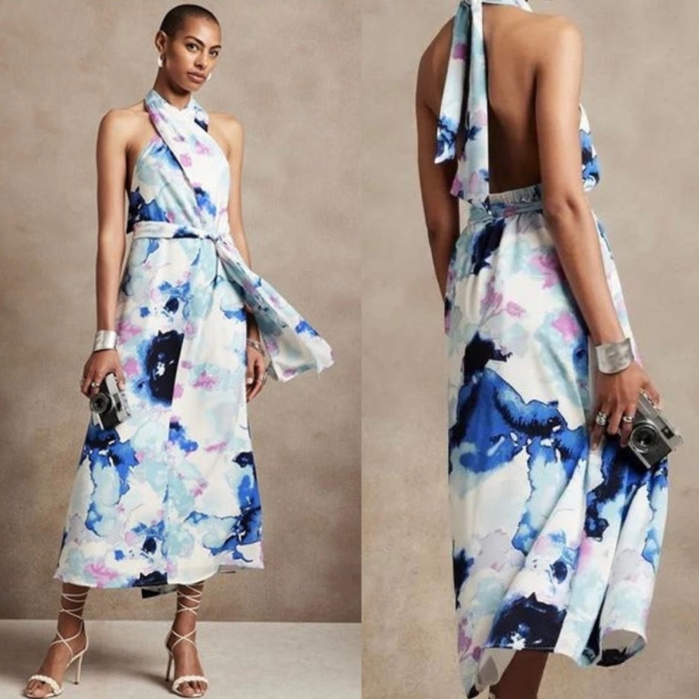 Banana Republic Factory Blue White Pink Watercolor Backless Halter Dress
